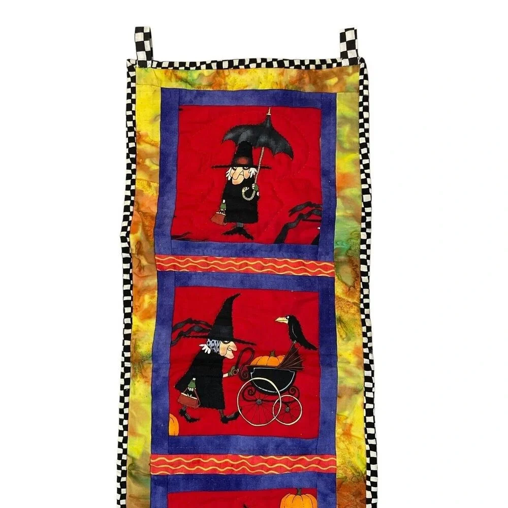 Handmade Quilted Witch Halloween Wall Hanging Decor Folk Art Cotton Kitsch 10x25